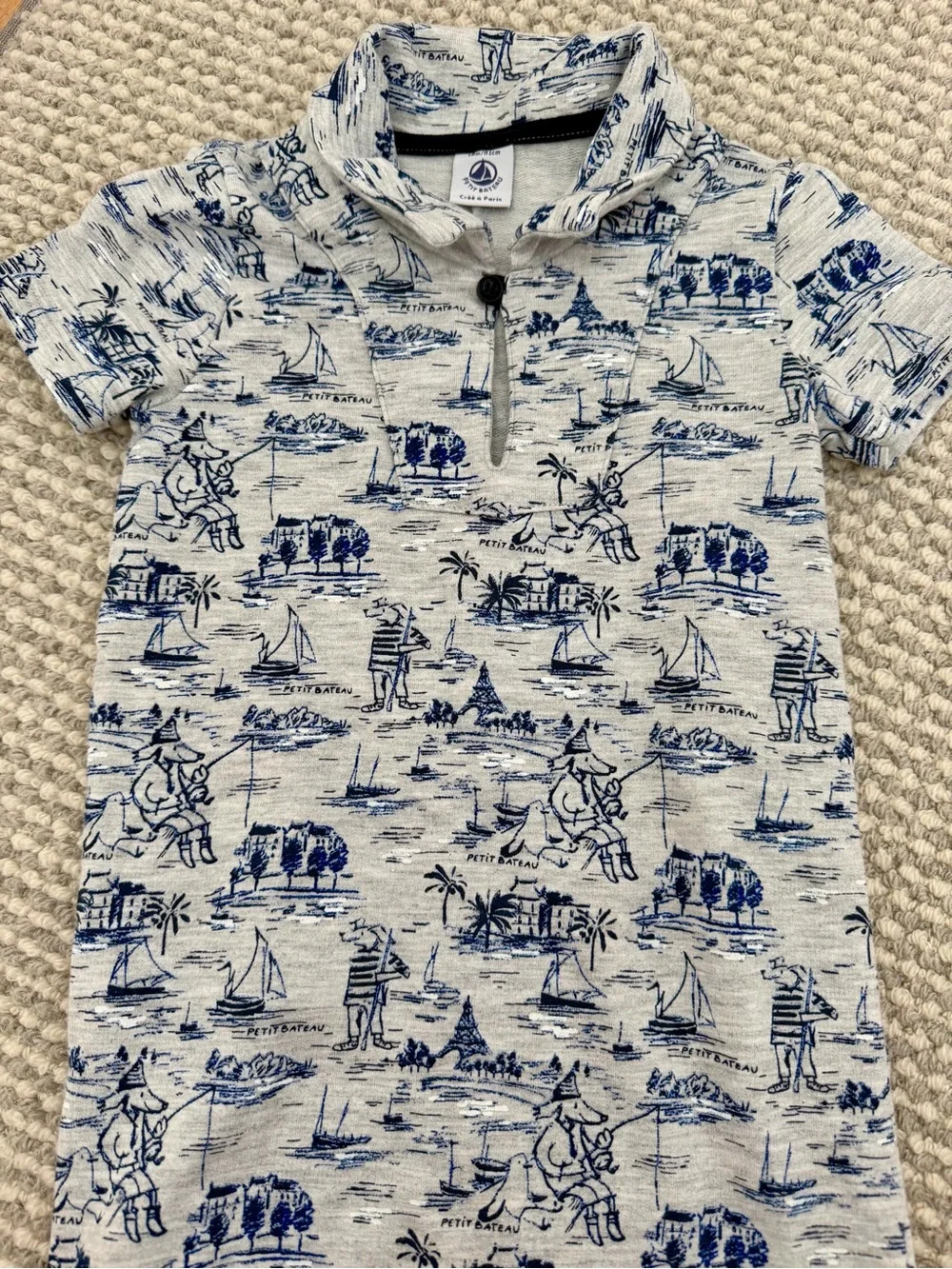 Petit Bateau Blue, Gray and White Nautical Print Short-Sleeved Romper 18 months